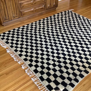 Handmade Moroccan Wool Area Rug: Black and Ivory Checkered Berber Carpet
