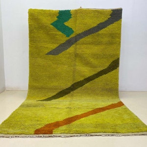 Handmade Moroccan Wool Rug | Abstract Chartreuse Area Rug | Modern Berber Rug with Green and Orange Stripes | Custom Made to Order