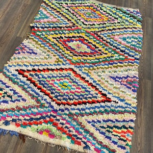 vintage Checkerboard boucherouite Berber rug 4.5 x 6.6 feet