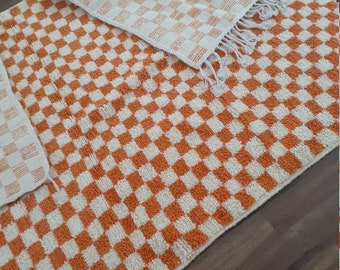 Orange Wool checkered Moroccan berber area rug - 3.3x6.8 ft beni ourain runner rug!