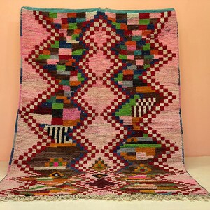 Handmade Pink Moroccan Rug: Colorful Berber Boujaad Wool Rug