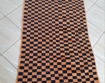 Moroccan  Berber black and orange checkered Rug -  3.3x6.5 ft azilal Area " Wool " Stunning Carpet - Checkerboard Runner Rug!