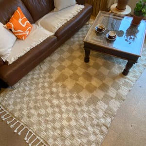 Neutral Moroccan Rug, Handmade Wool Checkerboard Carpet, Cream and Beige Berber Area Rug, Minimalist Beni Ourain Style