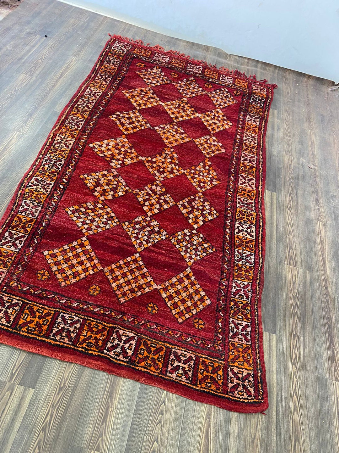 AMAZIGH Vintage RED Carpet - Beni Ourain Old Rug - 4.6 X 8.9 Ft Rug ...