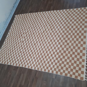 Caramel and White Rug, Handmade Wool Checkerboard Rug, Cozy Moroccan Berber Carpet, Scandinavian Style