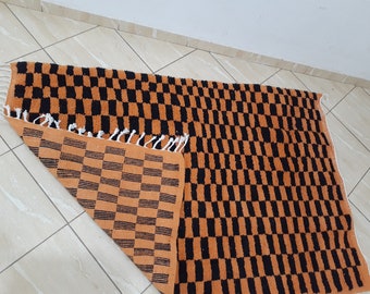 4X5.7 FT Moroccan checkered rug - checkered morrocan rug -  checkered beni ourain rug - black and orange rug!