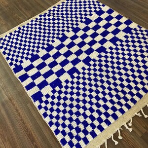 Optical Illusion Moroccan Rug, Handmade Blue & White Checkerboard Carpet, 3D Design Wool Berber Rug, Modern Custom Area Rug