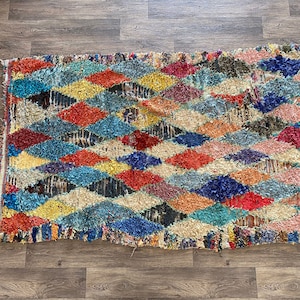 Stunning Boucherouite rug - Authentic Moroccan rug - Abstract Vintage rug - Moroccan Colorful rug - Handmade Fabric rug - Bohemian rug