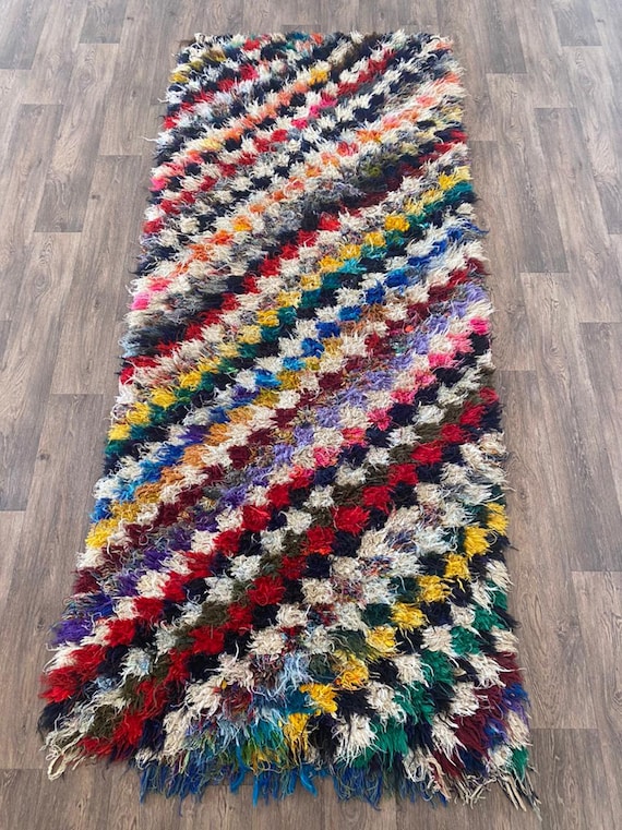 幾何学模様の多色ラグ モロッコ 手織り ランナーラグ マルチ