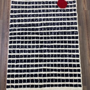 Black and  white Accent Moroccan Rug, Custom Grid Pattern Wool Rug, Unique Abstract Design