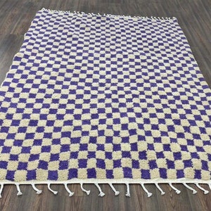 Boho Purple Moroccan Rug, Handmade Wool Checkerboard Carpet, Indigo and Cream Berber Area Rug, Unique Bohemian Custom Rug