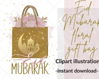 Eid Mubarak floral gift bag PNG clipart illustration | Eid clip art | Eid digital file |  Islamic clipart | Commercial use islamic graphics