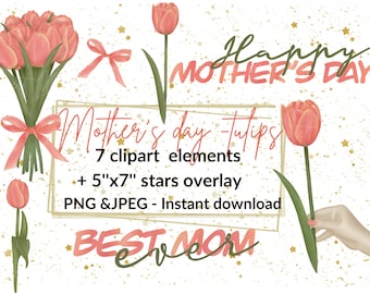 Mother's Day 8 elements clipart set- Stars background png - Hand giving tulip bouquet clipart- orange tulips clipart- commercial use clipart