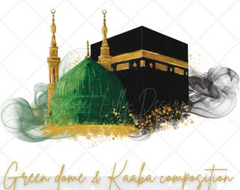 Masjid En nabawi green dome and Kaaba composition watercolour illustration |Hajj/umrah digital digital file |Commercial use islamic graphics