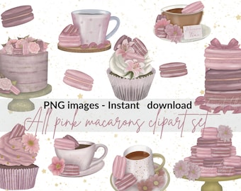 Pink macarons clipart set -macarons PNG- macarons illustrations- floral macarons clipart- sweets clipart- cup of tea&macaron illustrations