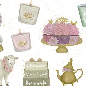 May include: A collection of Ramadan themed items including candles, cupcakes, a teapot, a snow globe, a perfume bottle, and mugs. The items are decorated with gold, pink, and green accents. The text "Welcome Ramadan", "أهلا يا رمضان", "Allan ya ramadan", "This is my suhoor", and "My ramadan mug" is visible on the items.