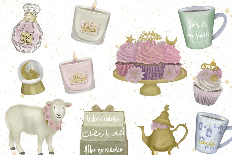 May include: A collection of Ramadan themed items including candles, cupcakes, a teapot, a snow globe, a perfume bottle, and mugs. The items are decorated with gold, pink, and green accents. The text "Welcome Ramadan", "أهلا يا رمضان", "Allan ya ramadan", "This is my suhoor", and "My ramadan mug" is visible on the items.