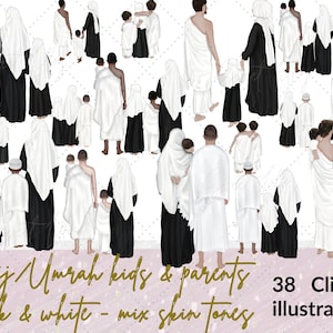 Muslimische Kinder & Eltern schwarz-weiß Version in haj/Umrah 38 Clipart Illustrationen |Mix hautfarben Optionen Hajj/Umrah digital