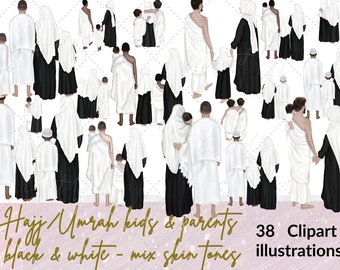 Muslim kids & parents black and white version in hajj/Umrah 38 clipart illustrations |Mix skin tone options Hajj/Umrah digital