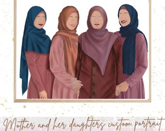 Muslim mother and her daughters custom portrait from your photo |Digital portrait file | Islamic Mother’s Day gift |Hijabi mom and daughters