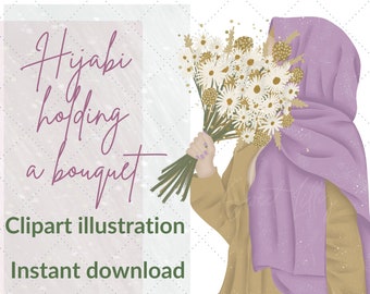 Hijabi woman holding daisies bouquet clipart illustration - muslim lady clipart - islamic clip art - floral lady hijab clipart