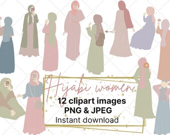 Hijabi women soft colors clipart set - muslim girls clipart - islamic colourful dress clipart - hijab png images