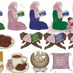 May include: A set of digital illustrations featuring a woman in various colors reading a book, dates, a cup of tea, a crescent moon, a pillow with the text "Ramadan is like the rain, it nourishes the seeds of good deeds", and a plate with three blue and green gift boxes with the text "Eid Mubarak".