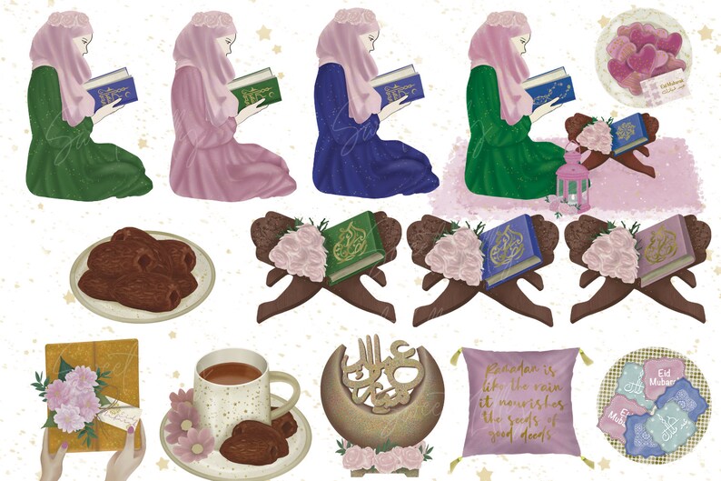 May include: A set of digital illustrations featuring a woman in various colors reading a book, dates, a cup of tea, a crescent moon, a pillow with the text "Ramadan is like the rain, it nourishes the seeds of good deeds", and a plate with three blue and green gift boxes with the text "Eid Mubarak".