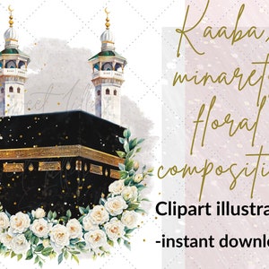 Kaaba & minarets clipart illustration | Hajj/umrah digital file |Islamic clipart |Kabaa png file | Commercial use islamic graphics