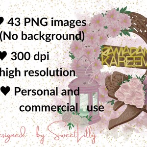May include: A digital illustration of a Ramadan Kareem wreath with pink flowers, a lantern, and a book. The text "Ramadan Kareem" is written in gold on a brown wooden sign. The image includes 43 PNG images, 300 dpi, high resolution, and is for personal and commercial use.