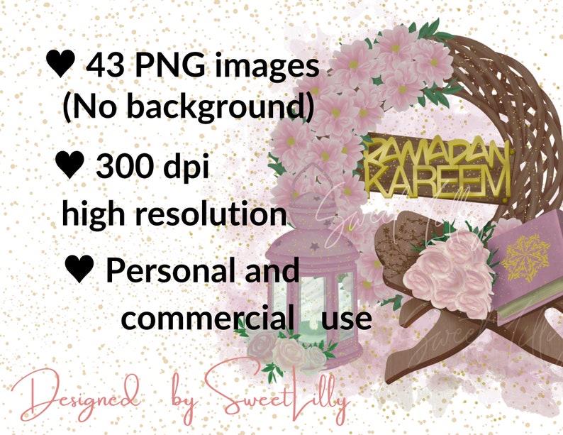 May include: A digital illustration of a Ramadan Kareem wreath with pink flowers, a lantern, and a book. The text "Ramadan Kareem" is written in gold on a brown wooden sign. The image includes 43 PNG images, 300 dpi, high resolution, and is for personal and commercial use.