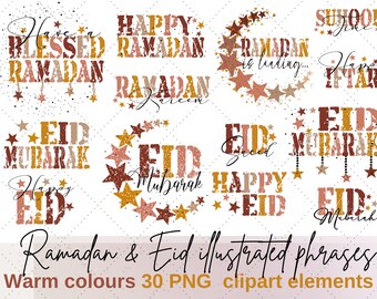 Eid & ramadan illustrated phrases clipart set | Warm colours greeting words for ramadan and eid | Islamic png | Arabic png | commercial use