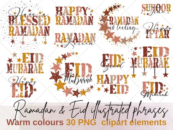 Eid & ramadan illustrated phrases clipart set | Warm colours greeting words for ramadan and eid | Islamic png | Arabic png | commercial use