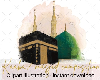 Kaaba & masjid composition clipart illustration | Hajj/umrah digital file |Islamic clipart |Kabaa png file | Commercial use islamic graphics