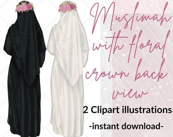 Floral black & white hijabi back view 2 clipart illustrations | Muslimah digital files | Islamic clip art | Islamic graphics |commercial use