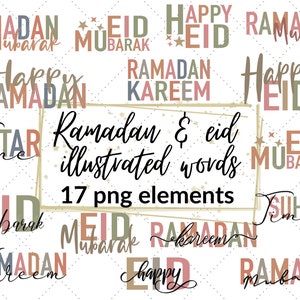 Eid & ramadan illustrated words clipart set - mots de salutation colorés pour le ramadan et l’aïd - png islamique - png arabe - usage commercial