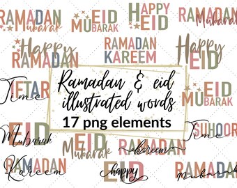 Eid & ramadan illustrated words clipart set - colourful greeting words for ramadan and eid - islamic png - arabic png - commercial use