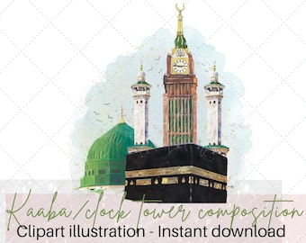Kaaba/clock tower/masjid all haram minarets & dome composition clipart illustration | Hajj/umrah digital file |Islamic graphics