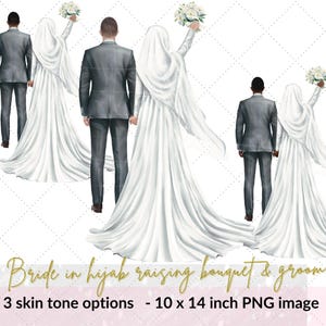 Mariée musulmane et le marié 3 options de couleur de peau illustrations clip art | mariée hijabi levant bouquet | Images PNG d'un couple musulman|Usage commercial