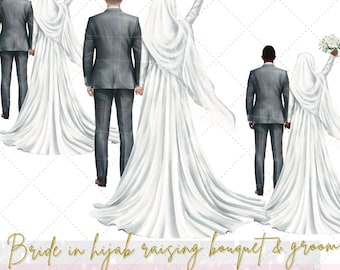Muslim bride & groom 3 skin tone option clip art illustrations |hijabi bride raising bouquet  | Muslim couple PNG images|Commercial use