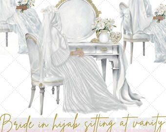 Bride in hijab sitting at vanity 3 skin tone option art illustrations |hijabi bride islamic graphics | Muslim bride files| Commercial use