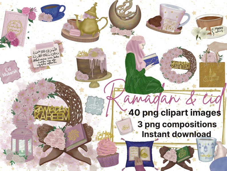 May include: A set of 40 digital clipart images and 3 compositions for Ramadan and Eid. The images include a variety of Islamic symbols, such as a crescent moon, a mosque, and a lantern. There are also images of food, flowers, and people celebrating Ramadan and Eid. The images are in a watercolor style and are perfect for creating invitations, cards, and other crafts.