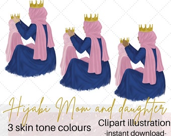 Mamá e hija en hiyab con ilustración de imágenes prediseñadas de coronas / mamá musulmana e hija digital / día de las madres musulmanas / imágenes prediseñadas islámicas comerciales