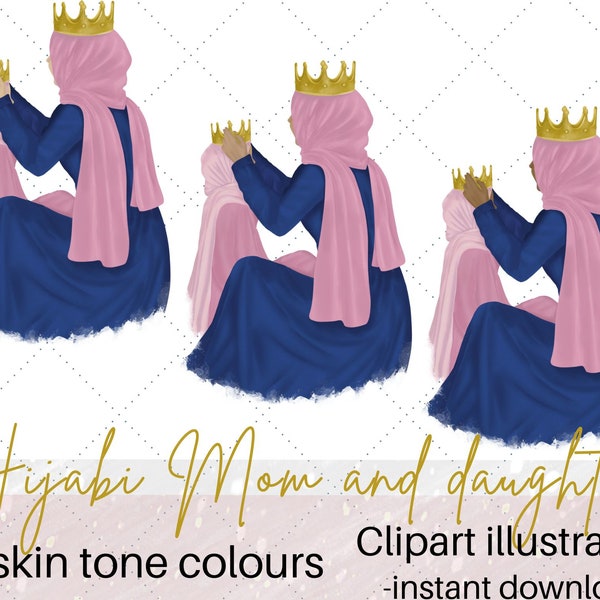 Mom & daugheter in hijab with crowns clipart illustration |Muslim mom and daughter digital | Muslim mothers day |Commercial Islamic clip art