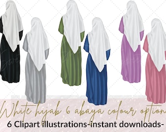 White hijab back view 6 abaya colour option clip art illustrations | Muslimah graphics | Hijabi clipart | Hijabi digital | Commercial use