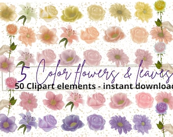 Flowers clipart 5 color options- leaves clipart- spring clipart- Botanical illustrations- floral digital download- commercial use clipart