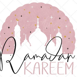 May include: Pink watercolor background with gold stars and a silhouette of a mosque. The text "Ramadan Kareem" is written in black calligraphy.