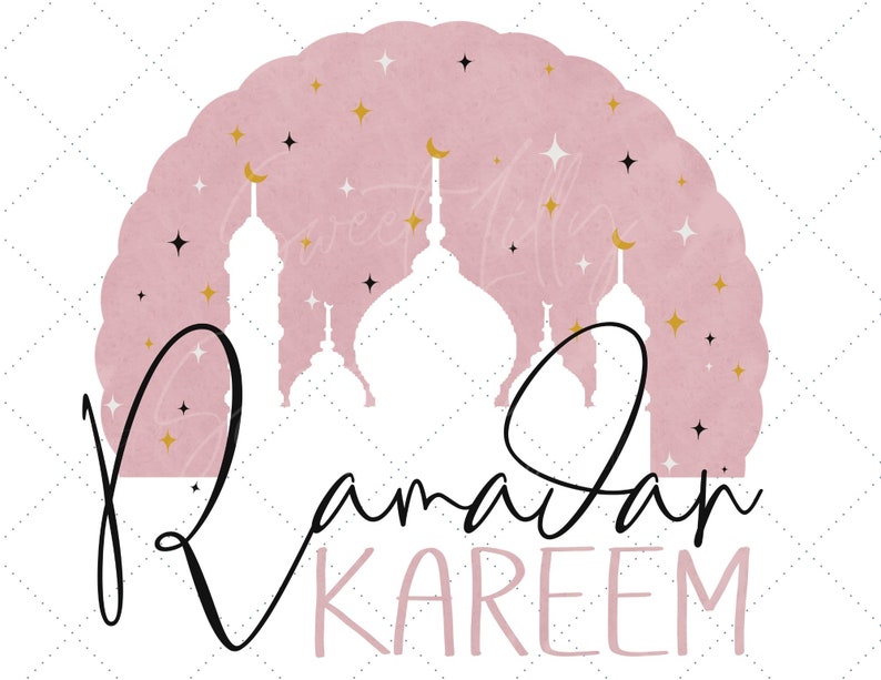 May include: Pink watercolor background with gold stars and a silhouette of a mosque. The text "Ramadan Kareem" is written in black calligraphy.
