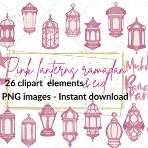 Op de afbeelding: Een verzameling van 26 roze clipart-elementen, waaronder lantaarns, een maan en sterren. De tekst "Pink lanterns ramadan eid" wordt weergegeven, samen met "Eid Mubarak" en "Ramadan Kareem". PNG-afbeeldingen, direct downloaden.