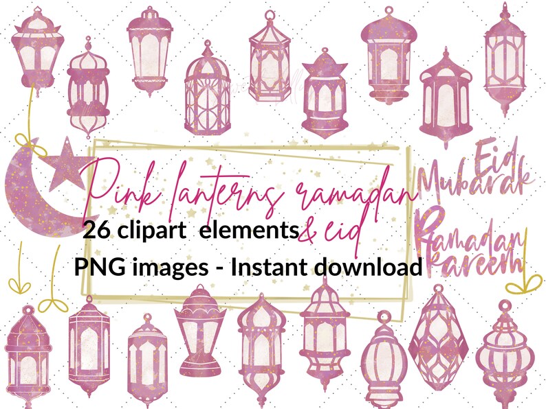 Op de afbeelding: Een verzameling van 26 roze clipart-elementen, waaronder lantaarns, een maan en sterren. De tekst "Pink lanterns ramadan eid" wordt weergegeven, samen met "Eid Mubarak" en "Ramadan Kareem". PNG-afbeeldingen, direct downloaden.
